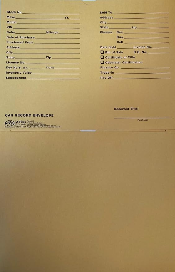 A Plus Car Record Envelope #19 Vehicle Dealer Jackets, 100 Quantity, Buff (W3)
