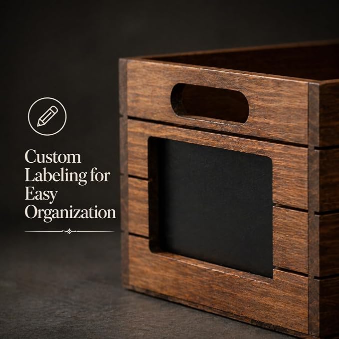 Wooden Storage Crate with Chalkboard Label – Rustic Organizer Box for Home, Office, Closet, Pantry Shelf, Decorative Storage Bin with Handles