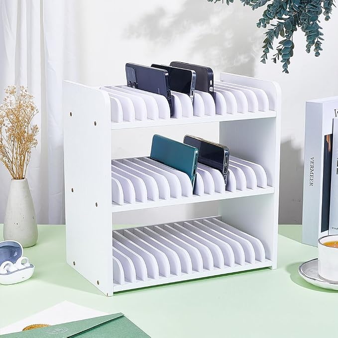 UNICRAFTALE 3-Tier White Wooden Phones Storage 45-Grid Classroom Cell Phone Holder Mobile Phone Desktop Organizer Storages Box Adjustable Multiple Cell Phones Rack Caddy for Classroom Office