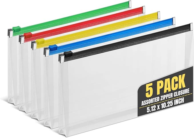 1InTheOffice Plastic Filing Envelopes with Zipper Closure, Moisture Resistant Envelope, Letter Size, Assorted Colors, Check Size (5 Pack)