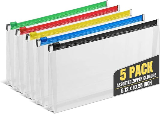 1InTheOffice Plastic Filing Envelopes with Zipper Closure, Moisture Resistant Envelope, Letter Size, Assorted Colors, Check Size (5 Pack)