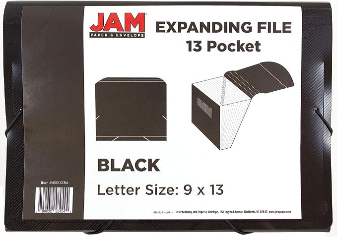 JAM PAPER Accordion Folders - 13 Pocket Plastic Expanding File - Letter Size - 9 x 13 - Black - Sold Individually