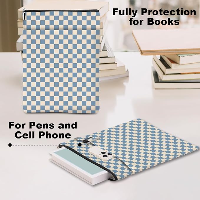 Blue Plaid Book Lovers Gifts Book Sleeve Vintage Checkered Waterproof Book Cover Book Pouch Book Protector with Front Pocket Book Club Christmas Birthday Gifts for Women Girl Reader Book Accessories