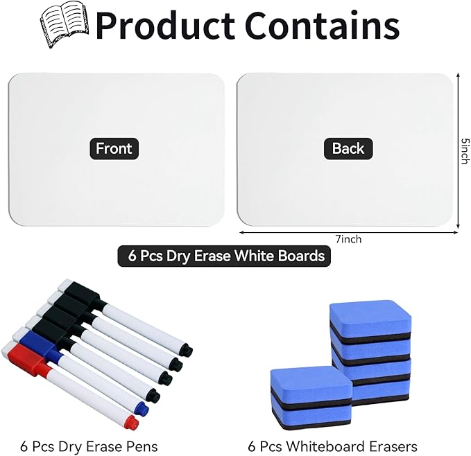 6 Sets Dry Erase Board 5'' x 7'' Mini White Boards Double Sided Small Whiteboard with Whiteboard Eraser and Marker Pens for Office Supplies Teacher Gifts