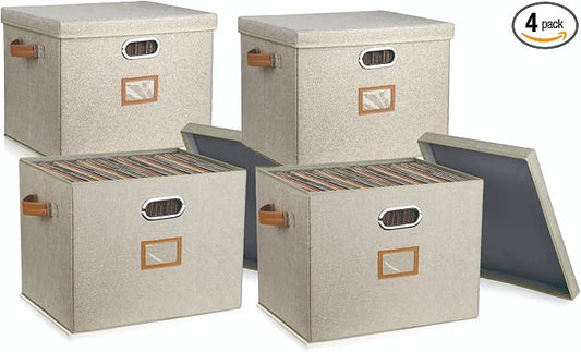 12-Inch Vinyl Record Storage Boxes with Lids and Handles, Stylish and Practical LP Record Organizer for 100+ Single Records, Suitable for Living Room, Study, Concert Hall or Office (Beige, 17"-4 Pack)