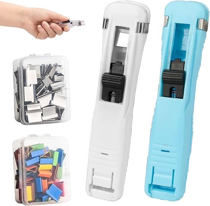 2026 New Portable Binder Clip Stapler, Includes 100 Reusable Clips, Handheld Paper No-Punch Folder, Mini Push Stapler Clamp Staplers for Home, School, and Office Document Binding (2pcsC)