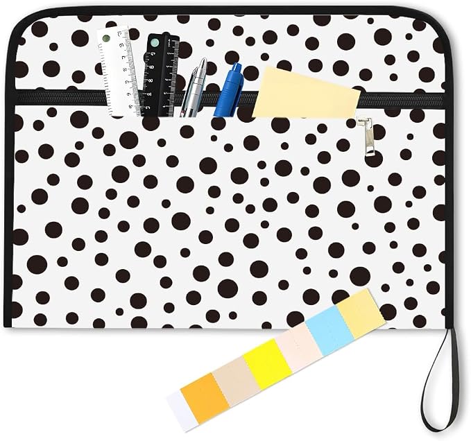 WEBEEDY 13 Pockets Polka Dots Expanding File Folder Black White Accordion File Organizer with Labels and Zipper, Portable Expandable Files Folder Organiser for A4 Paper Document Photo Receipt