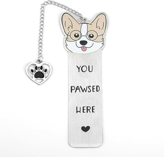 Gosknor Corgi Dog Bookmark, Cute Metal Corgi Bookmark for Women & Men, You Pawsed Here, Stainless Steel, Silver & Black, Style 1
