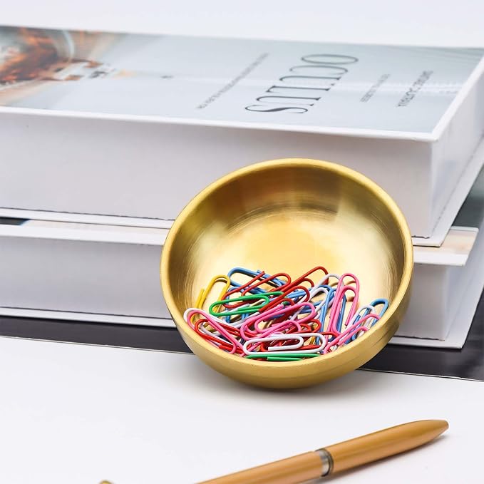 Small Gold Paperclip Holder for Desk, Round Paper Clip Holder Push Pin Organizer Stainless Steel Paper Clip Dispenser Desktop Organizer Cute Storage Plate Desk Accessories (Gold Paperclip Holder)