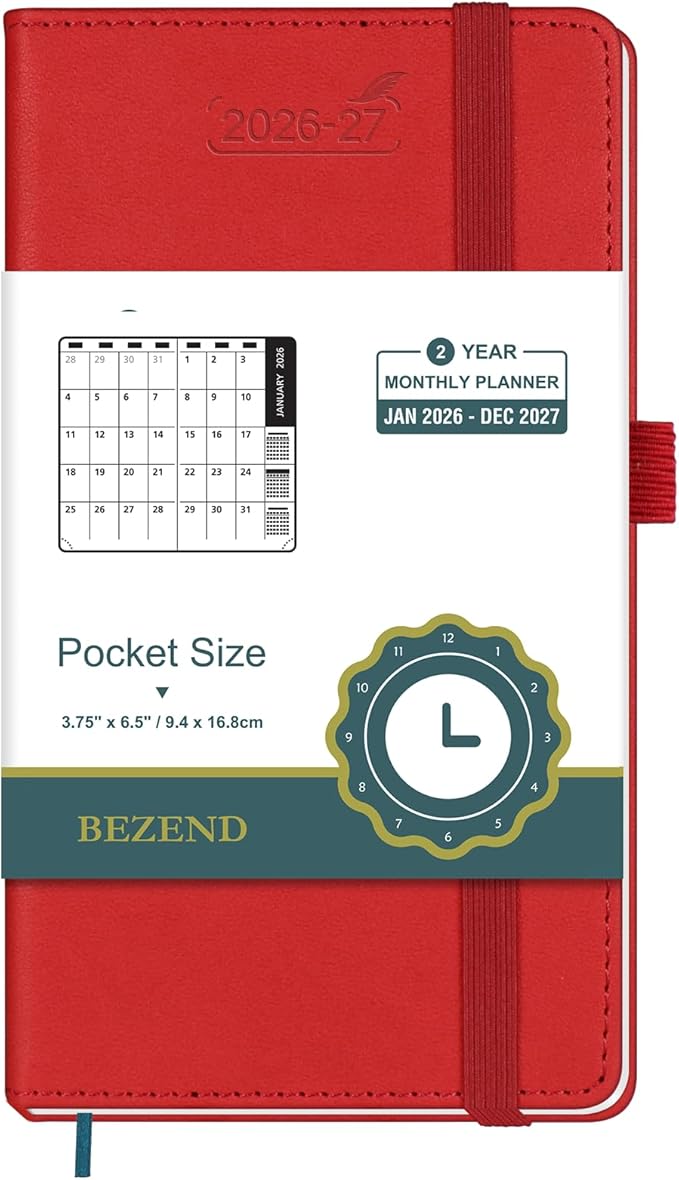 BEZEND Pocket Monthly Planner 2026-2027 (3.5" x 6.5") 2 Year Calendar Book for Purse with Note Pages, 100 GSM Paper, Inner Pocket, Pen Holder, Vegan Leather Hardcover in Red