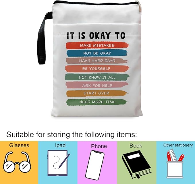 Inspirational Quote Book Sleeve, Book Covers for Paperbacks, Book Sleeve with Zipper, Book Lover Gifts, Bookish Gift Book Pouch for Women 11.4 x 9.05 Inch - It's Okay to Not Be Okay