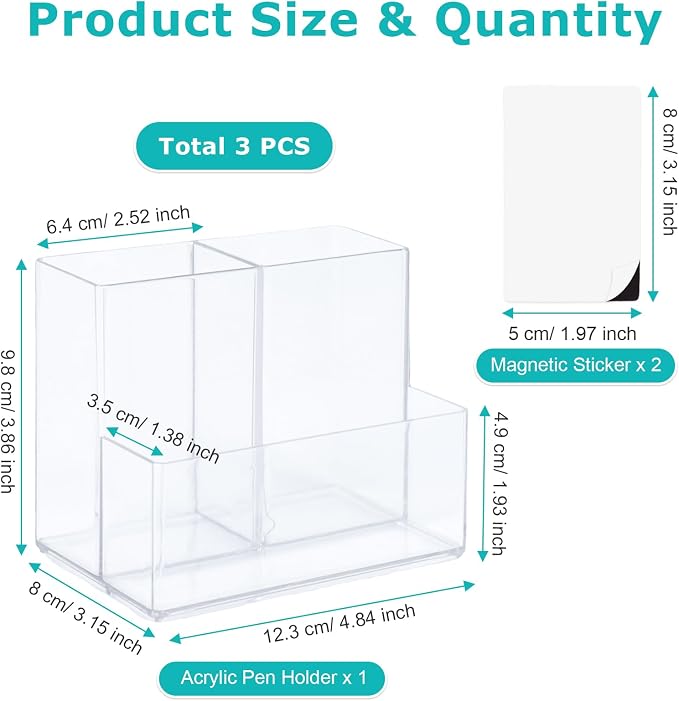 SAYEEC Acrylic Pen Holder Magnetic Dry Erase Marker Holder with 2 Magnet Sheets 3 Compartments Clear Desk Makeup Brush Organizer Pencil Cup Caddy for Fridge Whiteboard Lockers Cosmetic Office School