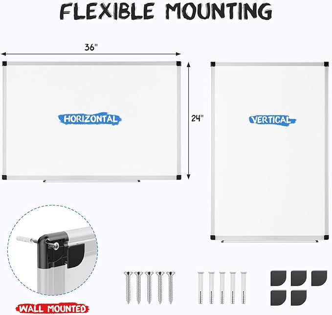 DUMOS Magnetic White Board Kit Set of 2, 36" x 24" Dry Erase Board with 1 Dry Eraser & 2 Multicolor Markers & 4 Magnetic Pins, Silver Reinforced Aluminum Frame for Home, School, Office