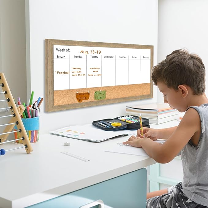 Magnetic Weekly Dry Erase White Board and Cork Board,Rustic Brown Wood Frame，Magnetic Surface Whiteboard for Home Office and Wall Decor(ZHZL-3060QZ)