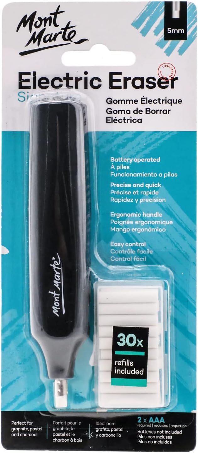 Mont Marte Electric Eraser, Includes 30 Eraser Refills. Suitable for use with Graphite Pencils and Color Pencils.
