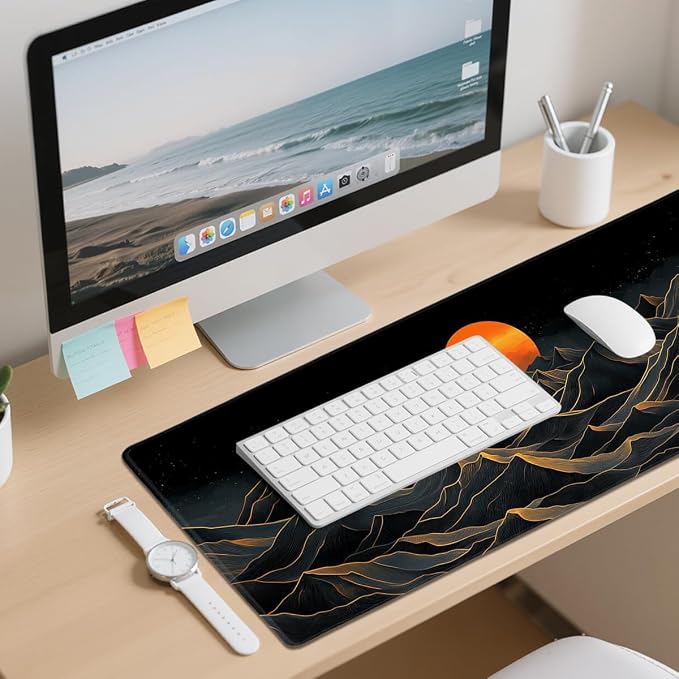 Golden Peaks Desk Mat Gaming Large Mouse Pad Abstract Black Terrain Solar Glow Mousepad for Keyboard and Mouse Extra Large Full Desk Computer Pads 31.5 x 11.8 Mouse Pads for Desk Home Office Gaming