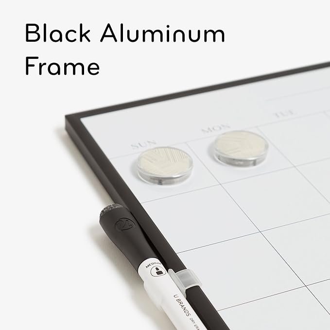 U Brands Magnetic Dry Erase Wall Calendar White Board, 14" x 14", Black Metal Frame, Includes Magnets and Marker