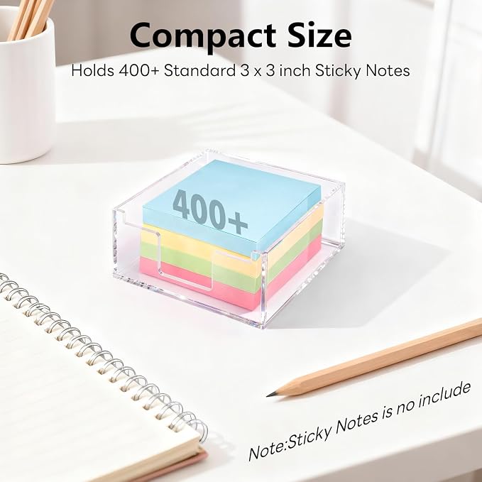 Clear Sticky Note Holder, Glitter Acrylic Organizer, 3.94 x 3.94 in Multi-Use Tray for Office, School & Home Desk