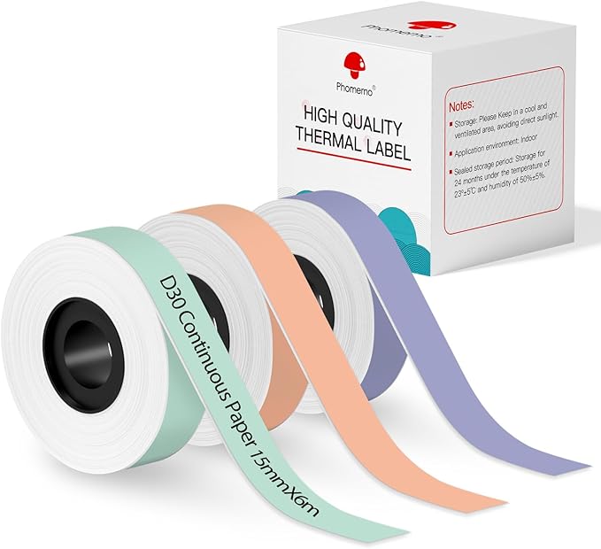 Phomemo D30 Continuous Color Labels Paper, for D35 Q30 Q31 Q32 Q30S Label Maker, Thermal Printing Inkless & Clean Labels Black On Mint Green, Light Orange, Lavender Purple, 0.59"*23.62"(15mm X 6m)