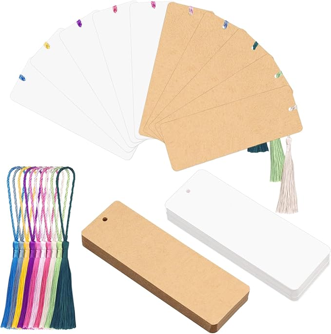 WANDIC Blank Bookmarks Set, 120 Pieces White & Brown Bookmarks and 120 Pieces Colorful Tassels for DIY Projects Gift Supplies