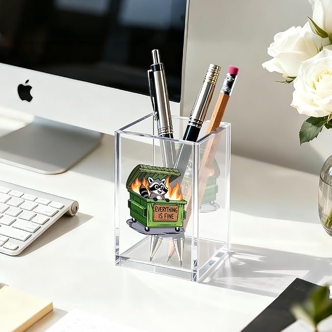 Everything Is Fine Acrylic Pen Holder Cosmetic Organizer, Cute Racoon Pencil Holders & Pen Holders for Desk, Desk Accessories Office Gifts for Coworker, Dumpster Fire Gifts for Teacher Colleague