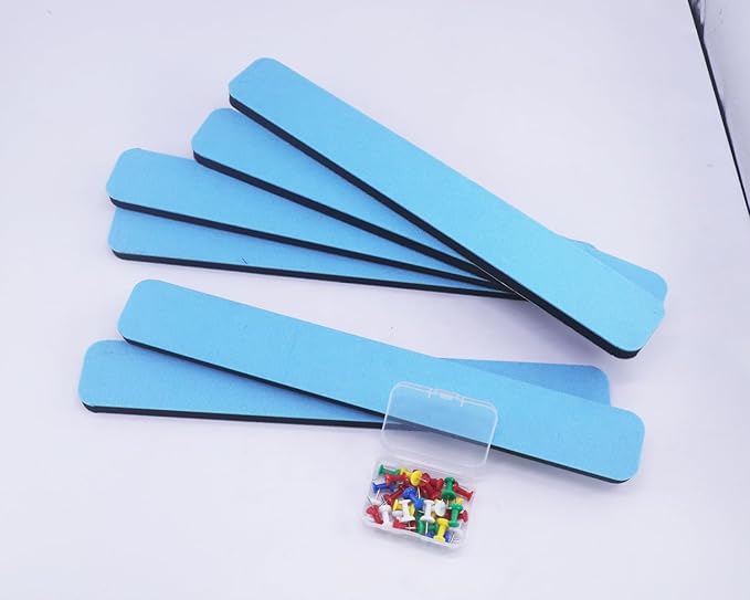 6Pcs Felt Bulletin Board Bar Strip 0.5 Inch Thick Self-Adhesive Pin Board Bar 13 Inch in Length with 35 Pushpins (Light Sky Blue)