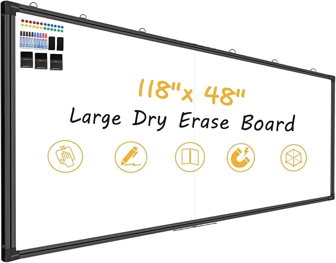 118"X48" Large Magnetic Whiteboard - Dry Erase Board, 10x4 Feet, Foldable Design, Non-Reflective Coated Surface Ultra-Wide Office White Board, Black Frame for Media Centers
