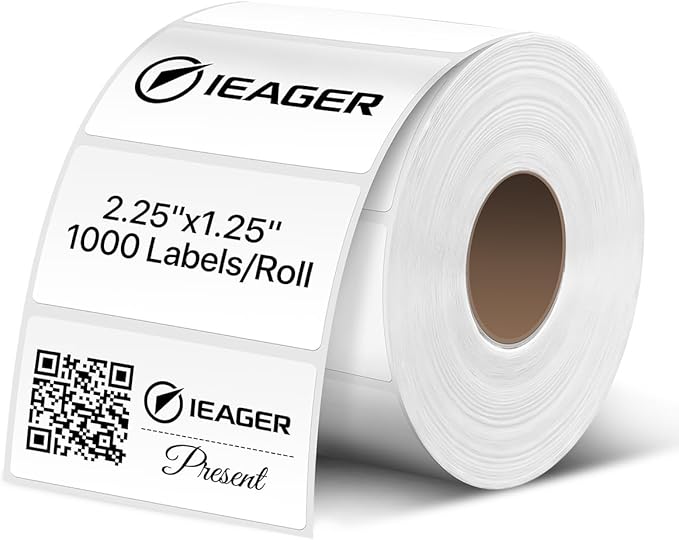iEager 2.25x1.25 Inch Thermal Labels, White Durable Thermal Printer Stickers, Self-Adhesive Rectangle Shipping Label Printer Sticker for Barcode, Name, Address, 1000 Labels/Roll
