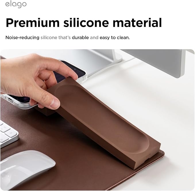 elago Smart Magnetic Desk Mat Pencil Tray – Soft Silicone Organizer for Office Supplies, AirPods, Glasses, Pens – Noise-Free, Non-Slip, Washable, Item for Desk Management [Medium] (Brown)