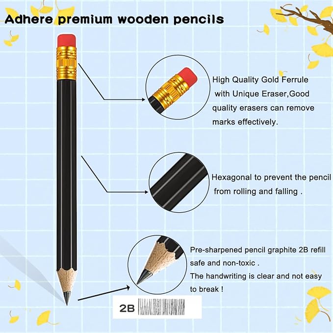 Adhere 25pcs Golf Pencils with Eraser Pre-sharpened Hexagon Woodcase Pencils Graphite 2B including a Sharpener for Golf Event Scoring,Classroom,Wedding,Pew, Pocket (Black)