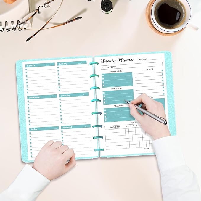 Junior Size Undated Weekly Planner Refills - 8-Disc 53 Sheets/106 Pages Weekly Planner for Half Letter Size, 100 gsm White Paper, Lasts 1 Year, Undated, 5.8" x 8.3", Teal