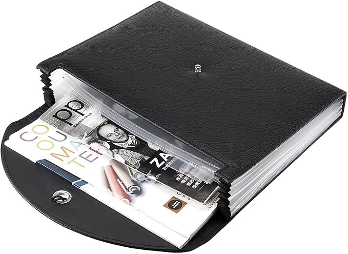 BTSKY PU Leather Expanding File Folders-13 Pockets A4 Letter Size Paper File Folder Accordion Business Document Organizer with Fasteners and Tabs (Black)