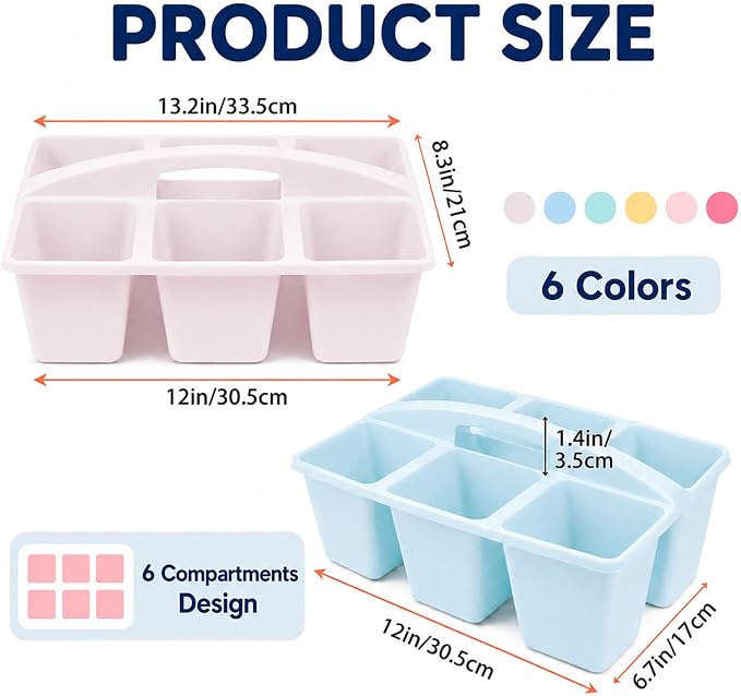 6 Pack Assorted Colors 6 Compartment Classroom Caddy with Handle Portable Plastic Storage Classroom Caddies Organizer for Classrooms Supply Teacher Office Table Desk(Pink Purple)