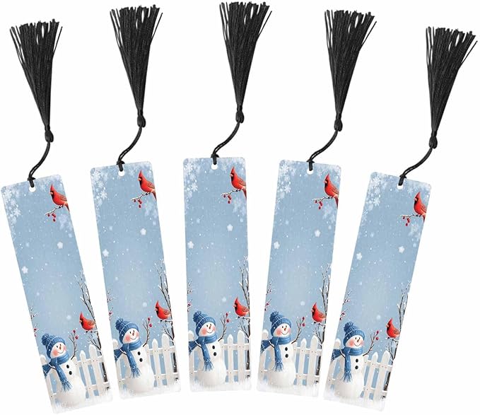 Snowman Bookmarks Set 5 with Tassels Winter Cardinal Bird Blue Christmas Wooden Bookmarks for Reading Women Men Students Teachers School Supplies