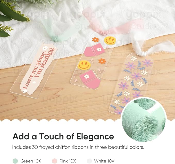YOPPIX 6x2” Acrylic Bookmark Blanks- 30 Pieces Acrylic Bookmark Kit with 30 Pcs Ribbon for Reading Lovers DIY Crafts Hanging Tag Gifts Tag Price Tags, Graduation Back to School Gifts(Semicircle)