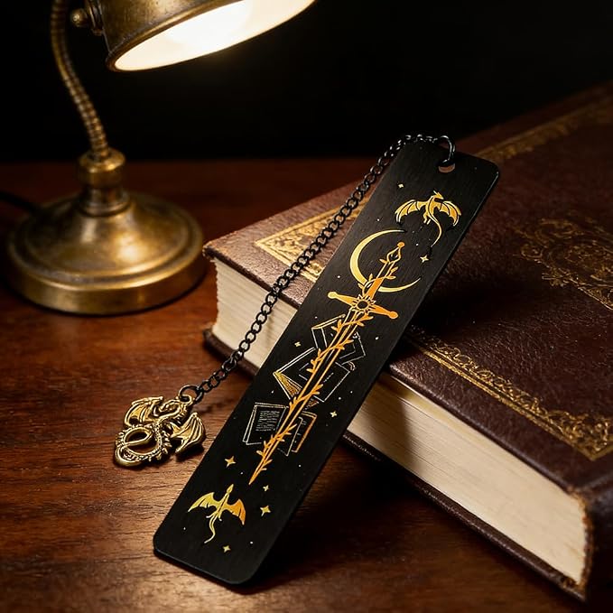 Dragon Sword Bookmark for Fantasy Book Lovers, Stainless Steel Metal Bookmark with Dragon Charm Chain, Dark Fantasy Reading Accessory, Collectible Book Mark Gift for Women Men Readers(Dragon)