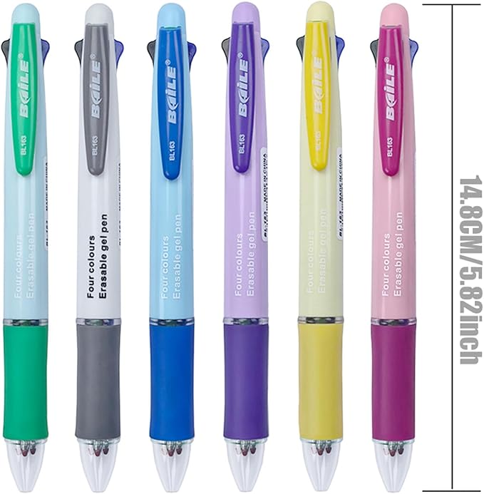 MROOFUL 6 Pcs 4 in 1 Multi-Coloured Ballpoint Pen Erasable Pens 0.5mm 4 Colours Retractable Ball Point Pen Multicolor Ink Pens with 10 Refills and 2 Eraser for Student Stationery Office Supplies