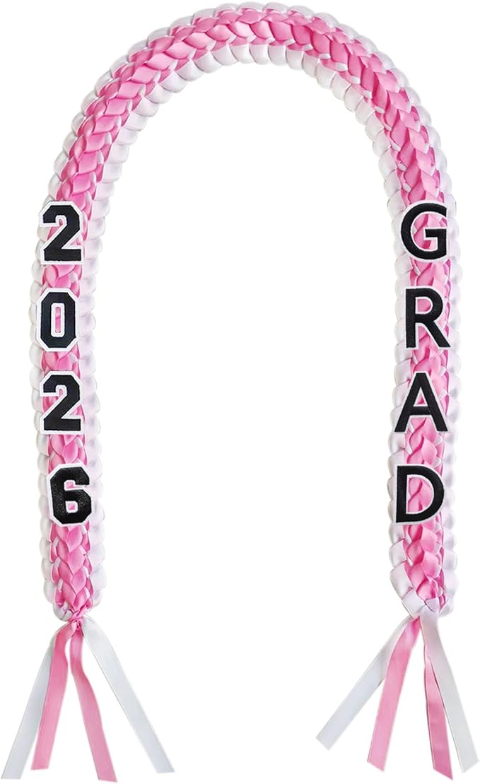Pink Graduation Leis 2026 Money Ribbon Leis for Graduation Class of 2026 Braided 48inch Graduation Necklace for High School,College Graduation Party Gifts,Pink and White