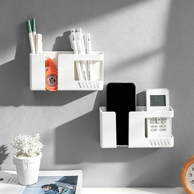 White Remote Control Holder - Adhesive Wall Mount Storage Box for Home Office Bedroom Living Room Remote Control Organizers Glasses Cell Phone Cosmetic Small Items Storage Supplies （2 Pack）