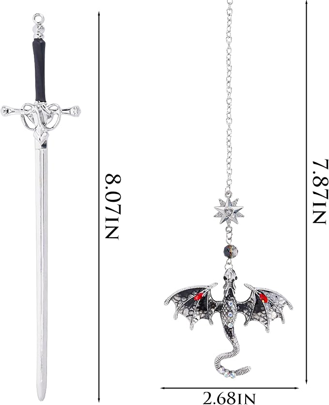 Fourth Wing Dragon Bookmark - Fantasy Sward Book Marks Vintage Tassel Metal Pendant Antique Silver Gray Inspirational Bookmarks Reading School Office Supplies Gift Men Boy Bookworm Reader
