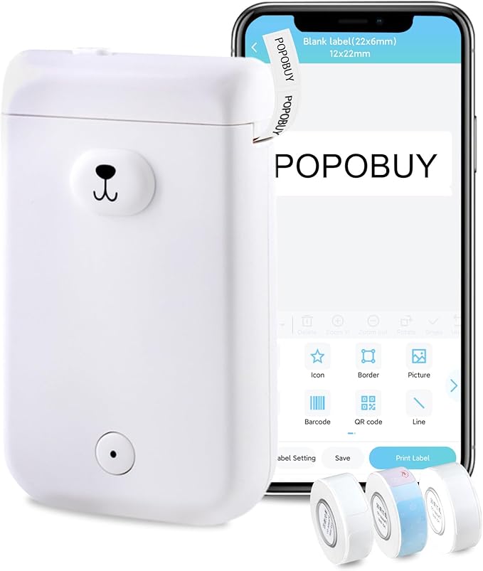 Bear Label Maker Machine with Tape, D30S Cute Portable Bluetooth Mini Label Printer, Smart Phone Handheld Thermal Sticker Small Labeler Inkless for Home Office