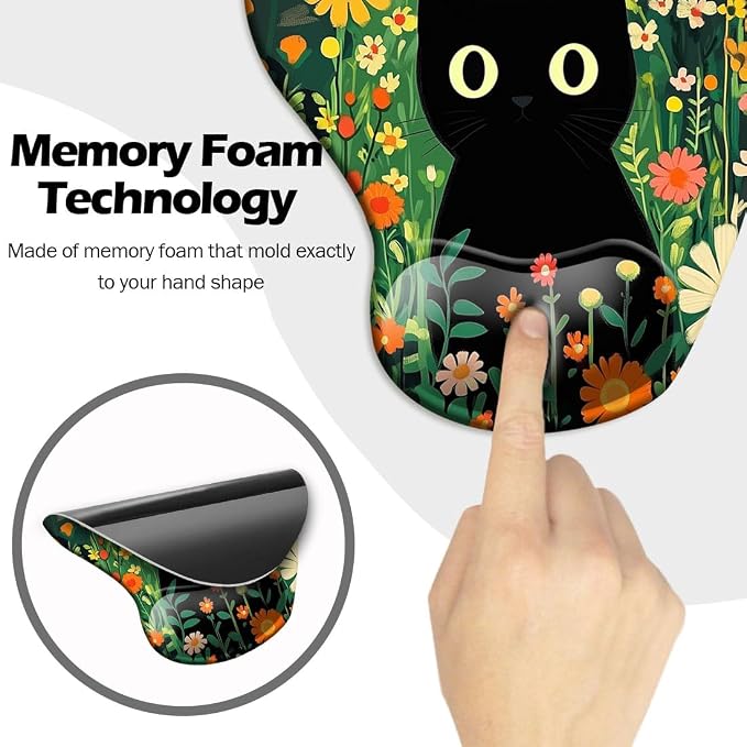 Ergonomic Mouse Pad with Wrist Support,Mouse Pad with Wrist Rest and Coaster Set,Office Supplies Non-Slip Mouse Pads for Desk, Non-Slip Comfortable,Cute Black Cat
