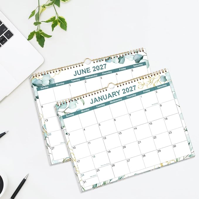 2026-2027 Calendar, Wall Calendar 2026-2027 from June 2026 - December 2027, 19 Months Calendar with Premium Paper, Twin-Wire Binding & Hanging Hook, 8.5" x 11", Green Leaf