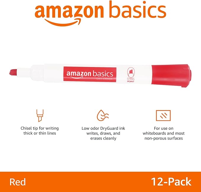 Amazon Basics Dry Erase Whiteboard Markers, Chisel Tip, Low-Odor, Red, 12-Pack, For Writing on Whiteboards