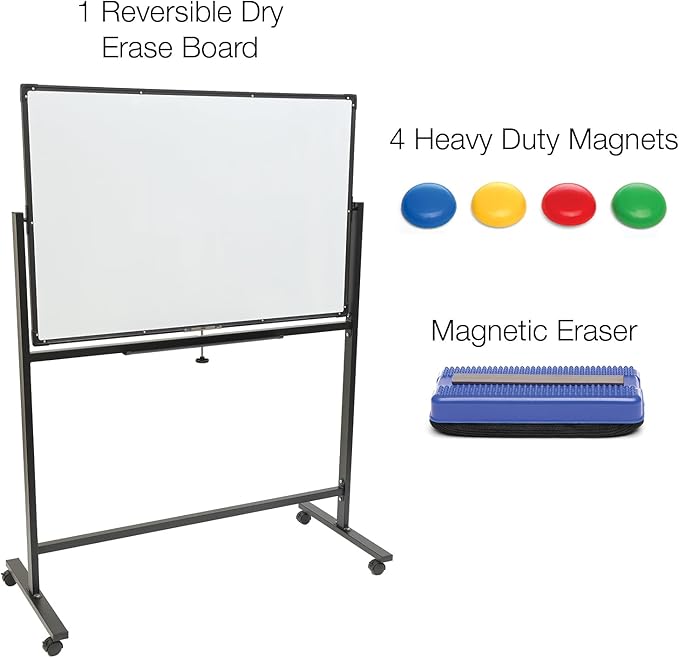 Excello Global Products Large 48"x32" White Board on Wheels: 1 Reversible Magnetic Dry Erase Board with Rolling Stand, 4 Dry Erase Markers, 1 Eraser, 4 Magnets, 1 Marker Tray (Black)