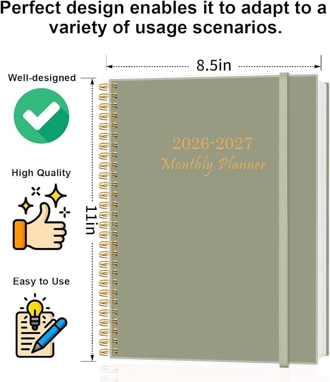 Monthly Planner 2026-2027 – Monthly Calendar from July 2026 to December 2027, 18 Month Planner with Spiral Binding, Inner Pocket, Elastic Closure, 8.5" x 11", Green