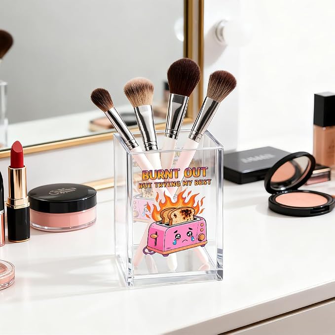 Burnt Out But Trying My Best Acrylic Pen Holder Cosmetic Organizer, Funny Dumpster Fire Pen Pencil Holders for Desk, Desk Accessories Office Gifts for Coworker Social Worker Teacher Therapist