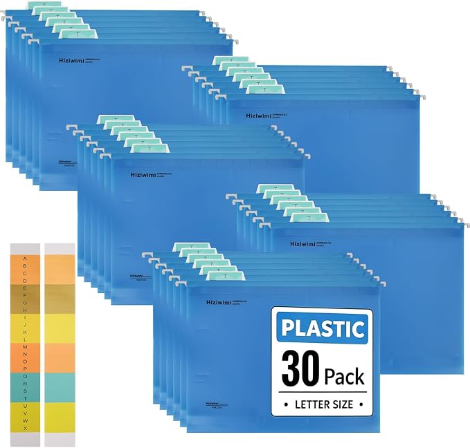 30 Pcs PP Hanging File Folders Letter Size,Blue Hanging Folders with Tabs,File Folders for Filing Cabinet Hanging Files for Bulky Files,Medical Charts,Office AMD School Desktop File Storage