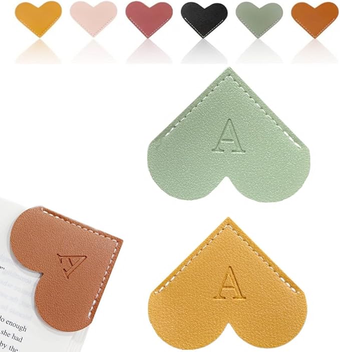 Personalized Leather Heart Bookmark, 26 Letters Customized Corner Book Mark for Reading, Book Holder Markers with Initials Page Book Accessories Cute Gifts (Green+Light Brown,A)