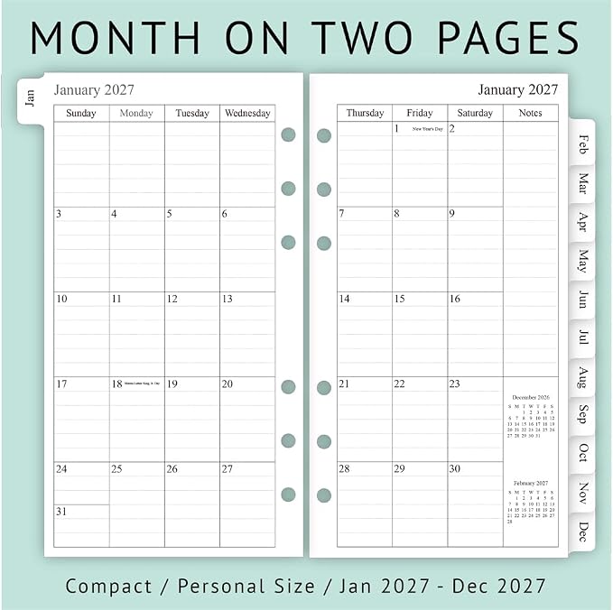 newestor 2027 Weekly & Monthly Planner Refill, 3-3/4" x 6-3/4", Jan 2027 - Dec 2027, Personal/Compact/Size 3